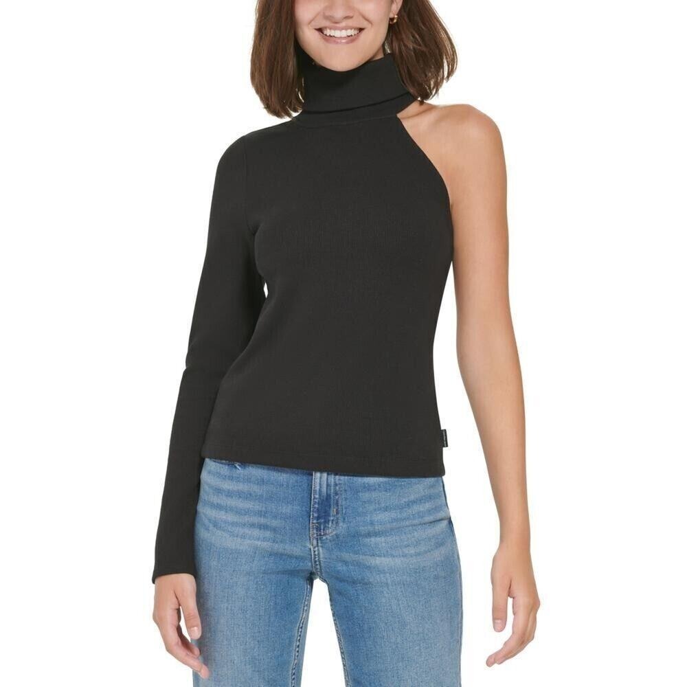 Calvin Klein Jeans Womens One Shoulder Turtleneck Ribbed Top Black XL CJ2T3613